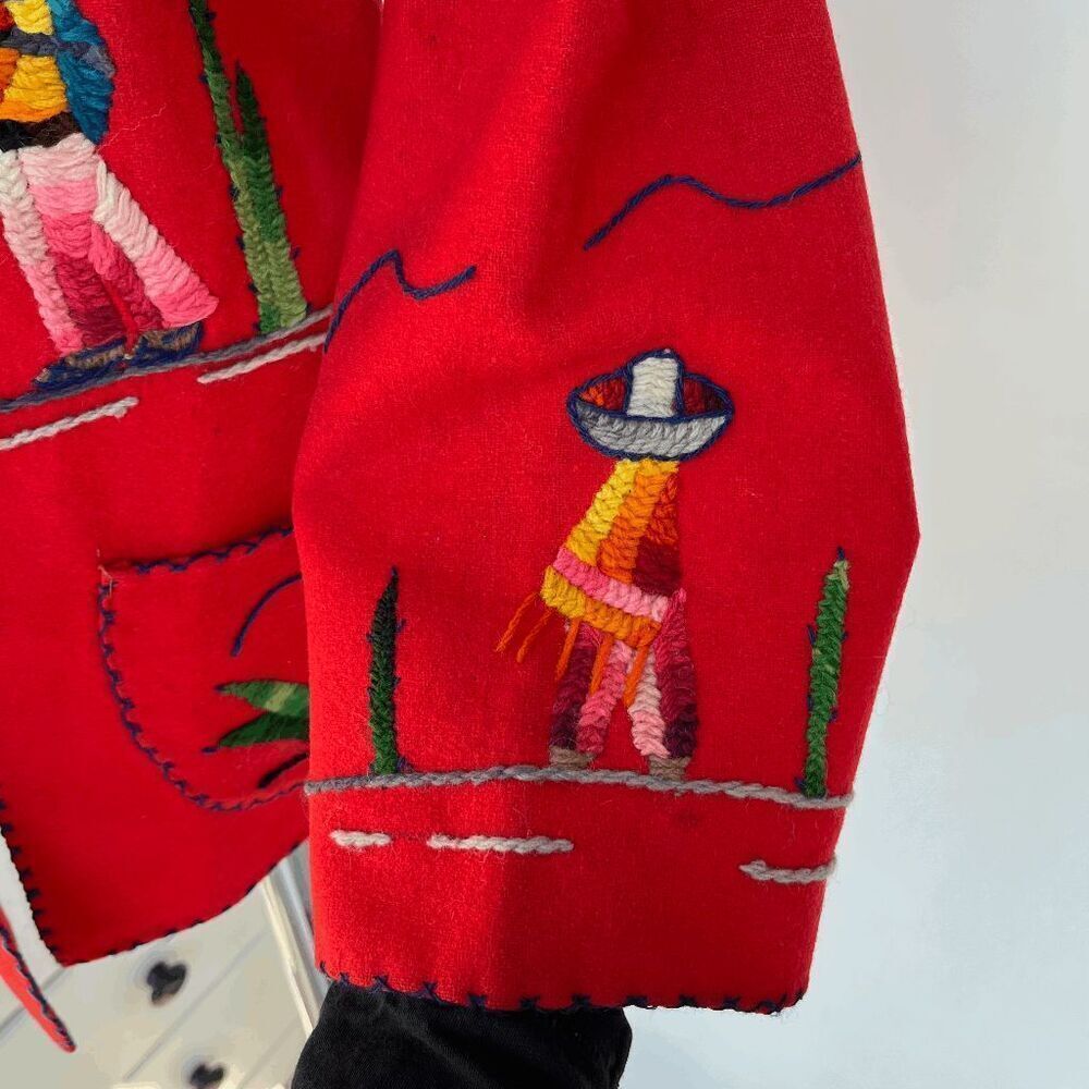 VTG 1940s Mexican Embroidered Wool Jacket Hand-Dyed Yarn, Folk Art, Red Wool S - Picture 9 of 15